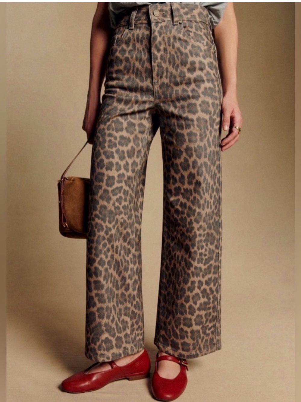 Sézane Taupe & Dark Brown Leopard Wide-Leg Pants